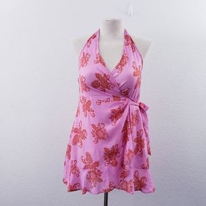 Anthropologie Halter Pink Floral Mini Wrap Dress Size XL NWT